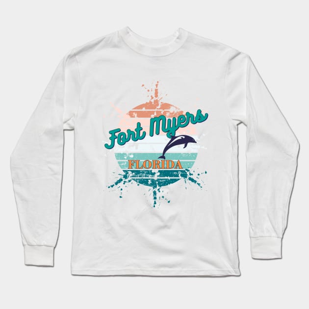 Fort Myers Florida Exploding Retro Sunset Long Sleeve T-Shirt by AdrianaHolmesArt